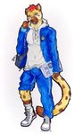 anthro blue_clothing blue_eyes bottomwear brown_body brown_fur bulge clothing detailed_bulge footwear fur hair male paws red_hair school_uniform smile socks solo student text underwear uniform white_clothing white_footwear white_socks wanroywolf roywolf_(wanroywolf) hyena mammal spotted_hyena absurd_res chinese_text hi_res monochrome