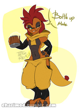 alcohol anthro beer beverage blue_eyes blush bottomwear breasts claws clothed clothing container cup dialogue dialogue_box drunk fangs female flat_chested hair holding_object open_mouth open_smile orange_body pants partially_clothed red_hair smile solo substance_intoxication teeth text tattoorexy nintendo pokemon fan_character generation_5_pokemon pokemon_(species) scrafty english_text