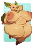 anthro big_breasts biped black_nose blush breasts brown_body brown_eyes clothing eyelashes female fur green_body green_tail huge_breasts huge_thighs hyper hyper_breasts hyper_thighs looking_at_viewer multicolored_body navel nipples non-mammal_nipples open_mouth open_smile overweight pupils simple_background smile solo tail tan_body tan_fur thick_thighs underwear berseepon09 nintendo pokemon eeveelution generation_4_pokemon leafeon pokemon_(species) hi_res
