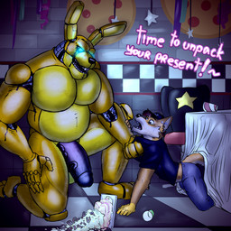 anthro balls belly big_penis blue_eyes dialogue duo fur genitals glans glowing glowing_eyes huge_penis imminent_sex machine male male/male musclegut muscular orange_body orange_fur pecs penis size_difference text vein veiny_penis yellow_body simonsbathtub five_nights_at_freddy's five_nights_at_freddy's_3 scottgames springtrap_(fnaf) animatronic canid canine fox lagomorph leporid mammal rabbit robot 1:1 absurd_res alternate_version_at_source hi_res