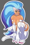 bared_teeth big_breasts biped blue_hair breasts butt claws crouching curvy_figure feet female fur green_eyes hair long_hair looking_away open_mouth simple_background smile solo teeth teeth_showing toes pink_cat_enthusiast capcom darkstalkers felicia_(darkstalkers) animal_humanoid cat_humanoid felid felid_humanoid feline feline_humanoid humanoid mammal mammal_humanoid 2:3 absurd_res hi_res