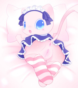 anus clothing female feral genitals legwear looking_at_viewer looking_back maid_headdress maid_uniform pink_body solo stockings uniform vulva misumasu nintendo pokemon generation_1_pokemon legendary_pokemon mew_(pokemon) pokemon_(species) hi_res