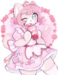 ambiguous_gender anthro beverage blush bubble_tea candy candy_cane clothing dessert dress drinking drinking_straw ear_piercing food fur grey_eyes hair heart_symbol lollipop looking_at_viewer maid_uniform one_eye_closed piercing pink_body pink_fur pink_hair simple_background solo uniform white_background pawberry zoey_(catgenderzz) domestic_cat felid feline felis mammal hi_res pink_theme nonbinary_(lore)