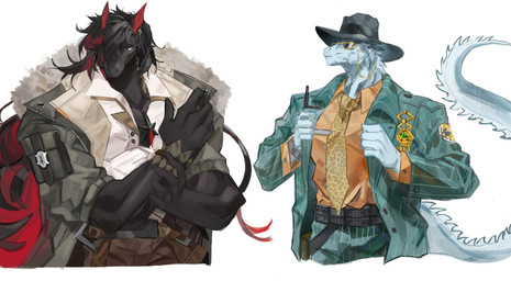 anthro black_body blue_body bottomwear clothed clothing collared_shirt dress_shirt duo eyewear fur_coat glasses green_bottomwear green_clothing green_pants green_topwear hair hat headgear headwear jacket male medal necktie orange_clothing orange_shirt orange_topwear pants pose red_hair scales shirt standing tail topwear wolffrost928 arknights hypergryph studio_montagne andenate_maryam skybox_(arknights) blue_iguana equid equine horse iguana iguanid kuranta_(arknights) lizard mammal reptile savra_(arknights) scalie colored digital_drawing_(artwork) digital_media_(artwork) half-length_portrait hi_res portrait shaded