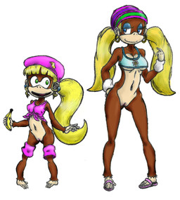 alternative_fashion amekaji anthro banana blonde_hair bottomless clothed clothing duo ear_piercing ear_ring female food fruit ganguro_(fashion) genitals gyaru hair hoop_ear_ring j-fashion larger_female navel piercing plant ring_piercing size_difference smaller_female vulva y2k_(fashion) unknown_artist donkey_kong_(series) nintendo dixie_kong tiny_kong haplorhine kong mammal monkey primate sibling_(lore) sister_(lore) sisters_(lore)
