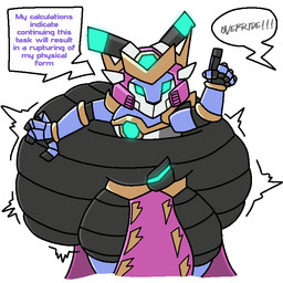 female glowing glowing_eyes glowing_markings imminent_popping inflation machine markings solo speech_bubble text skyhighbaa rivals_of_aether absa bovid caprine goat mammal robot robot_anthro 1:1 english_text