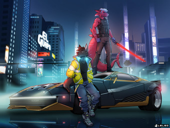 anthro blade bottomwear car city city_background clothed clothing cyberpunk fur glowing hair melee_weapon nightcity pants streetwear sword vehicle weapon leleo aquatic canid canine fish mammal shark absurd_res hi_res