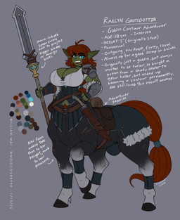 bag bedroll big_breasts blue_eyes breasts brown_hair brown_tail bulge cleavage clothed clothing dagger ear_piercing fangs green_body green_skin gynomorph hair hand_on_hip hooves humanoid_pointy_ears intersex looking_at_viewer melee_weapon piercing pointy_ears pupils saddle_bag scar slit_pupils solo tail teeth weapon wmdiscovery93 raelyn_grotsdottir goblin taur hi_res model_sheet