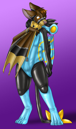 anthro black_body black_fur black_latex blue_latex brown_body brown_fur brown_hair clothing costume digitigrade fur grey_body grey_fur hair latex latex_clothing latex_skinsuit male multicolored_body multicolored_clothing multicolored_skinsuit orange_eyes skinsuit solo standing suiting tight_clothing winged_arms wings yellow_body yellow_fur yellow_latex zipper koekoek schikon_(character) bat mammal 2022 hi_res