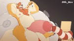 anthro balls beard big_balls big_penis chest_tuft cock_vore condom eating facial_hair food fur genitals huge_balls huge_penis male orange_beard orange_facial_hair overweight overweight_male penile penis pizza sexual_barrier_device tan_body tan_fur tuft vein veiny_penis vore rk_wox canid canine canis mammal wolf animated