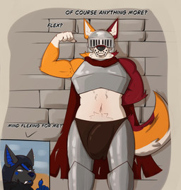 anthro asking bulge cape clothing duo fangs flexing fur hair knight knight_armor knight_helmet male male/male medieval simple_background teeth text warrior caninewine caninewine_devan joshua_myste bat canid canine canis mammal megabat vampire wolf absurd_res english_text hi_res