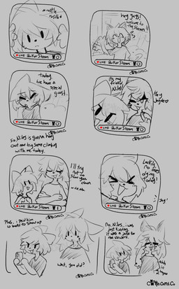 :3 >_< anthro cellphone dialogue electronics emanata eyes_closed gesture heart_symbol laugh livestream looking_at_viewer male male_anthro phone smartphone text waving waving_at_viewer caeleste jayde_(caeleste) niles_(caeleste) domestic_cat felid feline felis mammal serval 2025 absurd_res comic english_text hi_res sketch