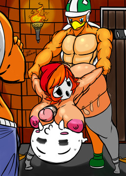 anthro arm_grab arm_pull big_breasts breasts female from_behind_position group hammer male male/female mask muscular nipples non-mammal_breasts non-mammal_nipples prison_guard_position sex slave tools wearing_mask jyto mario_bros nintendo boo_(mario) bro_(koopa) ghost hammer_bro koopa red_shyguy scalie shyguy spirit hi_res