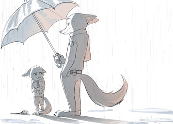 age_difference aged_down aged_up anthro bodily_fluids bottomwear clothing duo hand_in_pocket kerchief male male_anthro mouth_closed muzzle_(object) older_anthro older_male pants past_meets_present pockets police police_officer raining sad shorts side_view smile square_crossover standing tears umbrella young young_anthro young_male younger_anthro younger_male wnxhvldkchlrh disney zootopia nick_wilde canid canine fox mammal red_fox true_fox 2025 hi_res monochrome