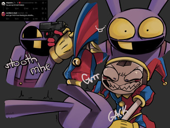 angry anthro asphyxiation blue_clothing brown_hair choking clenched_teeth clothing constricted_pupils duo female fool's_hat gloves grey_background gun hair handwear hat headgear headwear jester_outfit lisp male parody pointing_gun_at_another pupils ranged_weapon red_clothing sharp_teeth simple_background single_tooth small_pupils smile speech_impediment strangling teeth text weapon yellow_clothing yellow_gloves yellow_handwear yellow_sclera yellow_teeth kaiartis glitch_productions the_amazing_digital_circus twitter x_(social_media) jax_(tadc) pomni_(tadc) human lagomorph leporid mammal rabbit 2025 english_text hi_res meme