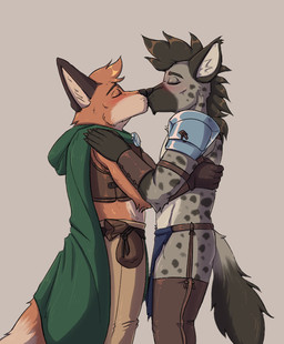 anthro armor blush bottomwear cape chaps clothed clothing duo fantasy fur hair kissing legwear loincloth male male/male markings orange_body orange_fur pants simple_background spots spotted_body spotted_fur tail thigh_highs habiyeru canid canine fox hyena mammal spotted_hyena 2025 digital_media_(artwork)