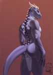 anthro biceps biped butt claws ear_piercing horn looking_at_viewer looking_back looking_back_at_viewer male markings muscular muscular_anthro muscular_male nude pecs piercing pose purple_body purple_eyes rear_view red_background scales simple_background solo standing tail mariart mythology ihvon dragon mythological_creature mythological_scalie scalie 2012 absurd_res hi_res