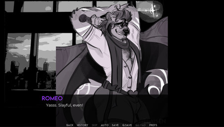anthro belt city cityscape clothed clothed_anthro clothing detailed_background electronics facial_hair fully_clothed fully_clothed_anthro goatee hair hands_behind_head holding_microphone holding_object jacket male markings microphone pose scarf shirt smile solo star tail tail_markings teeth text three-quarter_view topwear visual_novel_interface window melaisen romeo_(melaisen) felid mammal pantherine 2023 artist_name digital_drawing_(artwork) digital_media_(artwork) english_description english_text greyscale hi_res monochrome portrait three-quarter_portrait