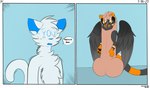 2_panel_comic anthro arm_markings awkward balls black_body black_eyes black_fur black_wings chest_tuft claws clothing costume deer_in_headlights duo ear_tuft eye_markings facial_horn fangs feathered_wings feathers fluffy fur genitals horn inner_ear_fluff insult looking_at_viewer male markings nose_horn orange_body orange_fur penis shocked simple_background solo_focus speech_bubble stripes surprised_expression tail tail_markings teeth text tuft white_body wings exillianarts mythology anon leo_vulcan_(nevet) dragon mammal mythological_creature mythological_scalie scalie 2021 absurd_res comic digital_drawing_(artwork) digital_media_(artwork) english_text hi_res