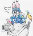 anthro armor body_armor breasts buckteeth dialogue dipstick_ears ear_markings female headgear helmet multicolored_ears purple_eyes simple_background solo tank_(vehicle) teeth text text_on_helmet vehicle flicker-show disney dominion_tank_police zootopia judy_hopps lagomorph leporid mammal rabbit 2018 absurd_res crossover english_text hi_res traditional_media_(artwork)