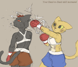 abs anthro boxing boxing_gloves boxing_shorts bra bruised bruised_eye clothing duo face_punch female gameplay_mechanics handwear punch sport sports_bra text underwear chamma_retsuden microsoft night_in_the_woods prequel_adventure the_elder_scrolls katia_managan mae_borowski domestic_cat felid feline felis khajiit mammal english_text hi_res