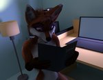 anthro book dipstick_ears ear_markings female fur hair holding_book holding_object inside lamp multicolored_ears navel red_body red_eyes red_fur red_hair solo text white_body white_fur wide_hips ruaidri titord death_note fox_girl_(ruaidri) canid canine fox mammal 3d_(artwork) digital_media_(artwork) english_text