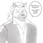 anthro blazer clothing dialogue facial_hair goatee male scar solo stated_heterosexuality stated_sexuality suit text after2 canid canine canis mammal wolf 1:1 english_text half-length_portrait hi_res portrait