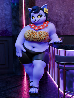 accessory anthro bar bedroom_eyes belly big_belly bottomwear breasts clothed clothing deep_navel eyelashes female flower flower_in_hair flower_necklace footwear freckled_arms freckled_breasts freckled_shoulders freckles hair hair_accessory leopard_print_clothing long_eyelashes looking_at_viewer narrowed_eyes navel overweight overweight_anthro overweight_female plant purple_body sandals seductive shoes shorts solo tongue tongue_out topwear tube_top sparkpad twilightv0ids_(modeler) deltarune undertale_(series) catty_cattenheimer domestic_cat felid feline felis mammal 3:4 3d_(artwork) blender_(artwork) blender_cycles_(artwork) digital_media_(artwork) hi_res