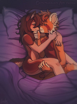 anthro bed bedroom_eyes duo female furniture male male/female narrowed_eyes seductive fiuefey skylar_zero tassu_(redpandapawbs) ailurid canid canine canis mammal red_panda wolf hi_res