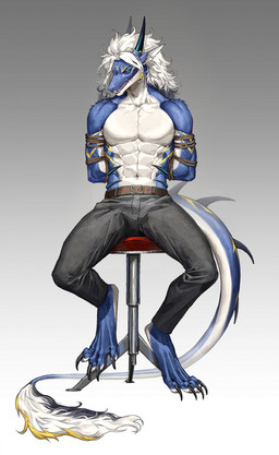 2_horns 4_toes abs anthro arms_tied barefoot bdsm biped black_bottomwear black_clothing black_horn black_pants black_sclera blue_body bondage bottomwear bound captured cheek_spikes claws clothed clothing countershade_face countershade_feet countershade_tail countershade_torso countershading digitigrade facial_markings facial_spikes feet forehead_markings furniture hair hands_behind_back head_markings horn looking_at_viewer male markings multicolored_body muscular muscular_anthro muscular_male muscular_sub navel open_mouth pants pants_only pecs restrained restraints rope sharp_teeth simple_background sitting sitting_on_stool solo spiked_tail spikes spikes_(anatomy) stool submissive submissive_male tail tail_tuft teeth toe_claws toes topless topless_male tuft two_tone_body white_body white_hair yellow_markings frank-79 mythology ausen dragon mythological_creature mythological_scalie reptile scalie 2022 hi_res