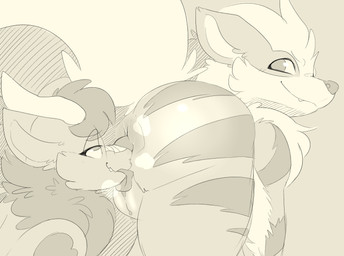 ambiguous_gender anus big_butt butt butt_sniffing cunnilingus duo fangs female female/ambiguous female_feral feral fur genitals hair half-closed_eyes horn licking long_ears looking_back looking_pleasured musk narrowed_eyes nose_to_anus oral raised_tail sex simple_background smile sniffing stripes tail teeth tongue tongue_out tuft vaginal vulva backsash mythology nintendo pokemon iridius arcanine canid canine dragon generation_1_pokemon mammal mythological_creature mythological_scalie pokemon_(species) scalie 2019 absurd_res digital_media_(artwork) hi_res monochrome sepia