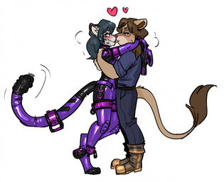 anthro blush bodysuit boots clothing duo footwear hair kissing latex male male/male shoes side_view skinsuit standing tail tail_tuft tight_clothing tuft banderi felid lion mammal pantherine snow_leopard hi_res