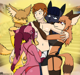 anthro black_hair blue_eyes breasts brown_hair butt butt_grab clothing eyebrow_through_hair eyebrows eyelashes female group group_hug hair hand_on_butt harem hug hugging_another lingerie male male/female orange_hair purple_eyes red_hair translucent translucent_hair yellow_eyes wasileus jennifer_niko laurence_(wanda_fan_one_piece) yuri_niko canid canine fox human mammal hi_res