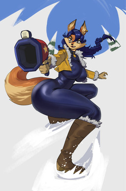 anthro big_breasts blue_hair bodysuit boots braided_hair braided_ponytail breasts brown_body brown_eyes brown_fur clothing collar dipstick_ears ear_markings ear_piercing ear_ring eyebrows eyelashes female footwear fur gloves gun hair handwear inner_ear_fluff jacket markings mole_under_eye multicolored_ears nipple_outline piercing ponytail ranged_weapon ring_piercing shoes skinsuit snow solo tan_body tan_fur thick_thighs tight_clothing topwear tuft weapon dankwoll sly_cooper_(series) sony_corporation sony_interactive_entertainment sucker_punch_productions carmelita_fox canid canine fox mammal 2026 hi_res