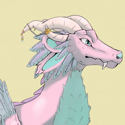 accessory blue_body blue_fur double_ears fangs feathers female feral fur horn pink_body solo teeth kitsunitachi mythology dragon mythological_creature mythological_scalie scalie 1:1 hi_res