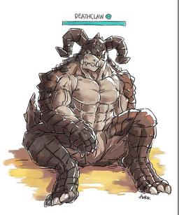 abs animal_genitalia anthro biped claws front_view gameplay_mechanics genital_slit genitals gui health_bar horn looking_at_viewer male muscular muscular_anthro muscular_male pecs simple_background sitting solo spreading vein arkalpha fallout microsoft deathclaw scalie 5:6 hi_res