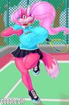 anthro big_breasts blush bottomwear breasts clothed clothing collar female fur hair huge_breasts hyper hyper_breasts nipple_outline nipples pink_hair skirt smile solo sport standing tennis tennis_court tennis_racket topwear doodle_dip denisse canid canine fox mammal digital_media_(artwork) hi_res