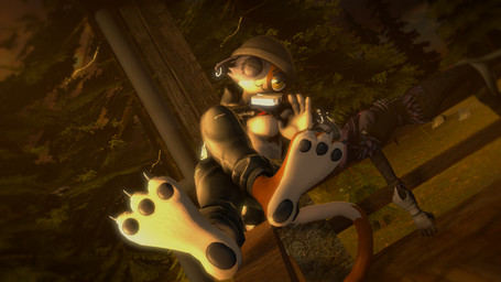 anthro areola areola_slip breasts duo feet female foot_focus forest forest_background light looking_at_viewer nature nature_background one_eye_closed pawpads plant pulling_shirt_up sitting_on_railing sunlight tree under_boob wink winking_at_viewer funnymansfm epic_games fortnite meow_skulls raven_team_leader bear felid feline mammal 16:9 3d_(artwork) digital_media_(artwork) hi_res source_filmmaker_(artwork) widescreen