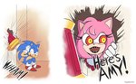 anthro clothing duo female footwear gloves handwear male open_mouth parody piko_piko_hammer possession sharp_teeth sound_effects teeth text omegasunburst here's_johnny_(meme) sega sonic_the_hedgehog_(series) stephen_king_(copyright) the_shining amy_rose sonic_the_hedgehog boo_(sonic) eulipotyphlan hedgehog mammal 2023 absurd_res english_text hi_res