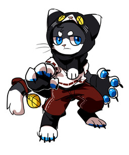 accessory anthro barefoot bell black_body black_clothing black_hat black_headwear blue_eyes blue_pawpads bottomwear clothed clothing feet front_view furgonomics glistening glistening_eyes glistening_pawpads hat head_tuft headgear headwear male mouth_closed narrowed_eyes pants pawpads red_bottomwear red_clothing red_pants simple_background solo standing tail tail_accessory tail_bell topwear tuft unsigned white_background white_body white_clothing white_topwear asnnonaka domestic_cat felid feline felis mammal full-length_portrait portrait