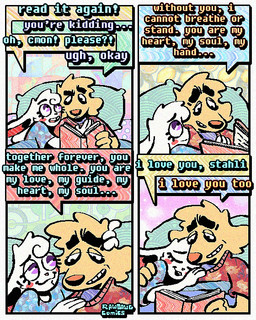 4_panel_comic anthro book cheek_spots clothing cuddling dialogue duo ears_down floppy_ears half-closed_eyes male narrowed_eyes open_mouth open_smile pivoted_ears reading reading_book smile speech_bubble sweater teeth text tooth_gap topwear under_covers wide_eyed rawdawgcomics bingus_(rawdawgcomics) stahli_(rawdawgcomics) bird_dog canid canine canis domestic_dog golden_retriever hunting_dog lagomorph leporid mammal rabbit retriever 4:5 comic english_text hi_res