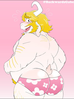 anthro back_hair beard belly big_butt black_bars blonde_beard blonde_eyebrows blonde_facial_hair blonde_hair blonde_pubes blush body_hair butt clothed clothing eyebrows facial_hair floral_pattern fur hair horn leg_hair long_ears male mature_male open_mouth overweight overweight_anthro overweight_male pattern_clothing pattern_underwear pink_background pink_clothing pink_underwear pubes rear_view simple_background small_tail solo tail underwear underwear_only white_body white_fur gabeheeler undertale_(series) asgore_dreemurr bovid caprine goat mammal 2025 digital_drawing_(artwork) digital_media_(artwork) english_description hi_res letterbox