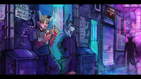anthro blue_eyes bottomwear cigarette clothed clothing duo_focus fur glistening glistening_eyes green_eyes grey_body grey_bottomwear grey_clothing grey_fur grey_pants grey_shirt grey_t-shirt grey_topwear group hand_in_pocket head_tuft leaning leaning_backward male narrowed_eyes neon_lights orange_body orange_fur outside pants pockets raining shirt sign silhouette smoking standing t-shirt three-quarter_view topwear trash_can trio tuft unsigned acidic cid_(acidic) felid mammal 16:9 letterbox widescreen