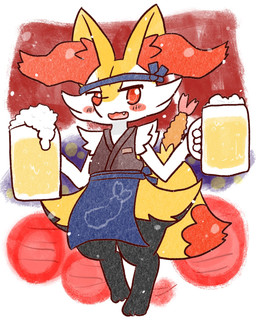 accessory alcohol ambiguous_anthro ambiguous_gender anthro apron asian_clothing beverage biped blush blush_stickers clothing cute_fangs detailed_background digitigrade dipstick_tail east_asian_clothing fangs food front_view headband holding_beer holding_beer_mug izakaya_restaurant japanese_clothing looking_at_viewer markings object_in_tail on_one_leg open_mouth open_smile shrimp_(food) smile snout solo standing tail tail_markings teeth annyui0611 nintendo pokemon braixen canid generation_6_pokemon mammal pokemon_(species) 2023 digital_drawing_(artwork) digital_media_(artwork) full-length_portrait hi_res japanese_description portrait translated_description