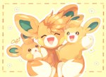 ambiguous_gender brown_eyes evolutionary_family eyes_closed feral fur group happy holding_partner orange_body orange_fur simple_background smile trio yellow_background caffellatte nintendo pokemon generation_9_pokemon pawmi pawmo pawmot pokemon_(species) 2023 signature