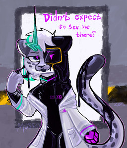 ambiguous_gender antennae_(anatomy) anthro clothing coat fur glowing glowing_eyes grey_body grey_fur hair handwear lab_coat latex latex_clothing latex_skinsuit liquid_latex mask mittens skinsuit solo tight_clothing topwear tube visor white_hair mossky felid mammal pantherine snow_leopard