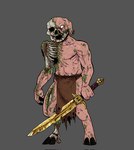 anthro blood bodily_fluids bone bottomwear brown_bottomwear brown_clothing brown_loincloth clothed clothing ear_piercing ear_ring exposed_bone exposed_rib_cage exposed_skull fingers fur gold_(metal) golden_sword gore holding_object holding_weapon hooved_fingers hooved_toes hooves loincloth looking_at_viewer male melee_weapon open_mouth piercing pink_body pink_fur pink_skin ring_piercing simple_background skull skull_head solo standing sword teeth tusks weapon alexandresar99 microsoft minecraft mojang xbox_game_studios mammal piglin suine undead zombie zombified_piglin digital_media_(artwork) hi_res