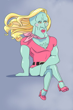 4_legs anthro ascot belt blonde_hair blush body_hair chest_hair cleft_chin clothing femboy footwear green_body hair high_heels leotard lipstick long_hair makeup male pink_clothing pink_footwear pink_high_heels pink_leotard pink_lipstick red_eyes shoes solo yellow_sclera melissa_dejesus_flores miss_melis handsome_squidward_(meme) nickelodeon spongebob_squarepants squidward_tentacles aquatic cephalopod coleoid mollusk octopodiform octopus 2023 hi_res meme