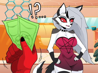 5_fingers ambiguous_gender anthro breasts clothing collar dress duo ellipsis female fingers fur grey_hair hair interrobang_ellipsis looking_at_money money offering_money prostitution red_sclera spiked_collar spikes tail white_body white_eyes white_fur carliabot hellaverse helluva_boss mythology loona_(helluva_boss) canid canid_demon canine demon hellhound mammal mythological_canine mythological_creature 2025 4:3