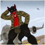 abs air_force aircraft airplane anthro athletic balls_outline big_muscles biped black_body black_fur black_nose border bulge camo camo_print claws clothed clothing cloud detailed_bulge dog_tags fangs fur genital_outline gesture green_eyes jacket jet jockstrap looking_at_viewer male muscular muscular_anthro muscular_male open_clothing open_mouth open_shirt open_topwear outside pecs pose red_body red_fur salute shirt sky smile solo standing teeth tongue topwear underwear vehicle white_border aaron_(artist) felid mammal 1:1 2012 digital_media_(artwork) hi_res